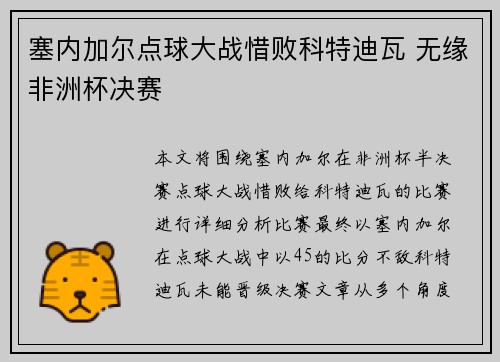 塞内加尔点球大战惜败科特迪瓦 无缘非洲杯决赛